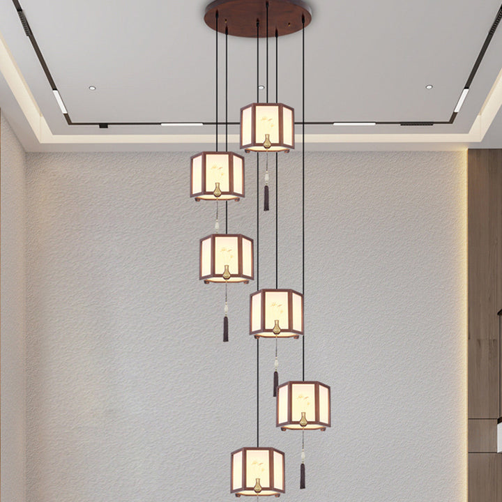 Suspension Luminaire Traditionnel Chinois en Chêne, Alliage de Zinc, Acrylique, Cylindre, Motif 1/3/6 Lumières pour Salle à Manger 