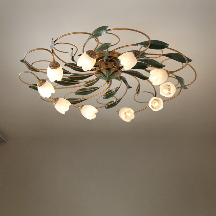 Traditional Farmhouse Iron Glass Floral Leaf 6/8/10 Light Semi-Flush Mount Ceiling Light For Living Room
