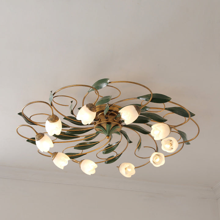 Traditional Farmhouse Iron Glass Floral Leaf 6/8/10 Light Semi-Flush Mount Ceiling Light For Living Room