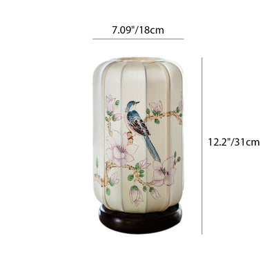 Lampe de table à 1 lumière en bois de soie de bégonia chinois traditionnel peinte à la main avec fleurs et oiseaux pour chevet 