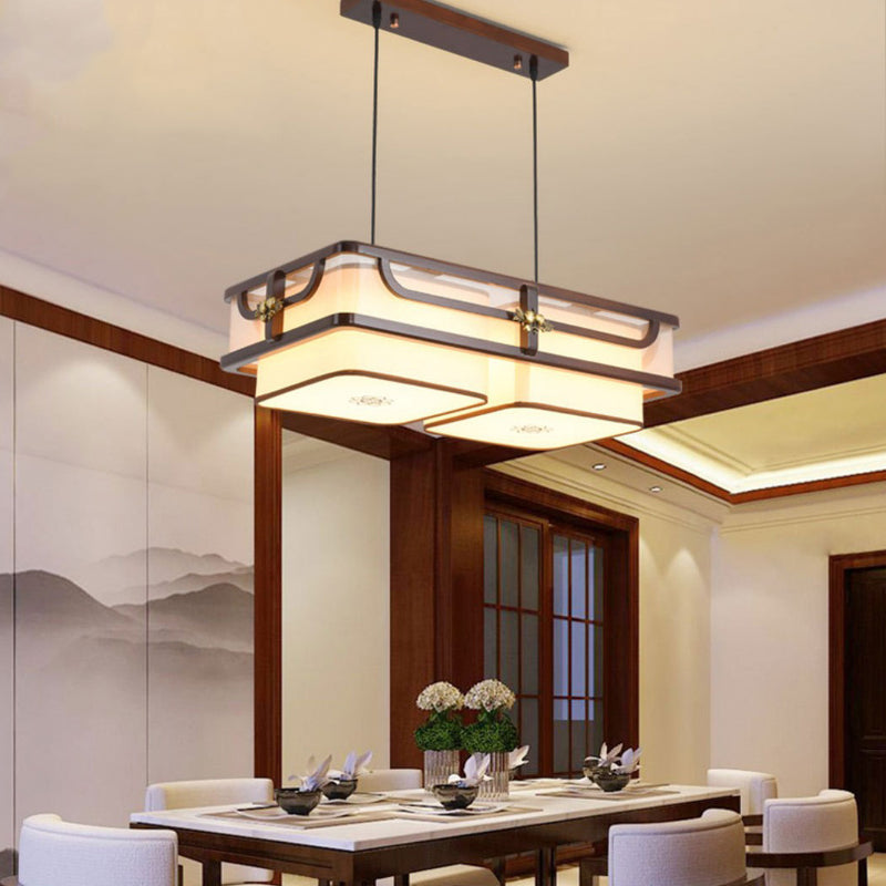 Traditionelle chinesische Begonienholz-Messing-Acryl-Quadrat-Rechteck-LED-Kronleuchter Insel Licht für Esszimmer 