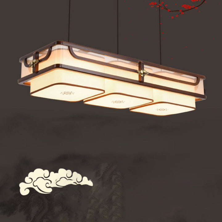 Traditional Chinese Begonia Wood Brass Acrylic Square Rectangular LED Chandeliers Island Light For Dining Room