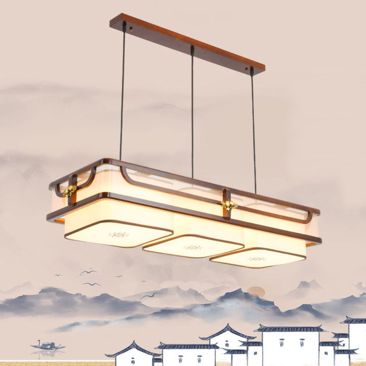 Traditionelle chinesische Begonienholz-Messing-Acryl-Quadrat-Rechteck-LED-Kronleuchter Insel Licht für Esszimmer 