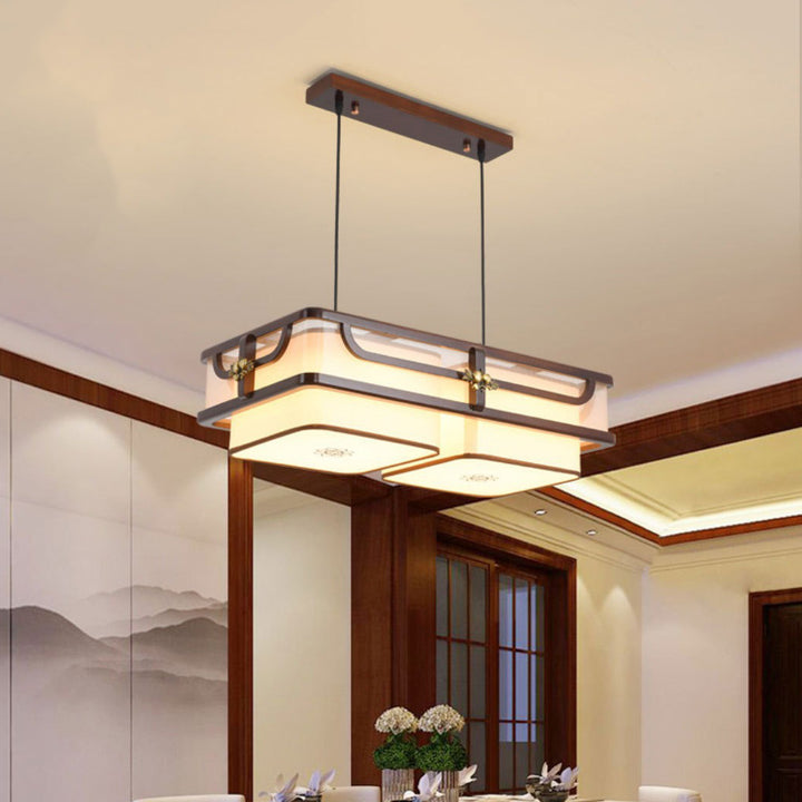 Traditionelle chinesische Begonienholz-Messing-Acryl-Quadrat-Rechteck-LED-Kronleuchter Insel Licht für Esszimmer 