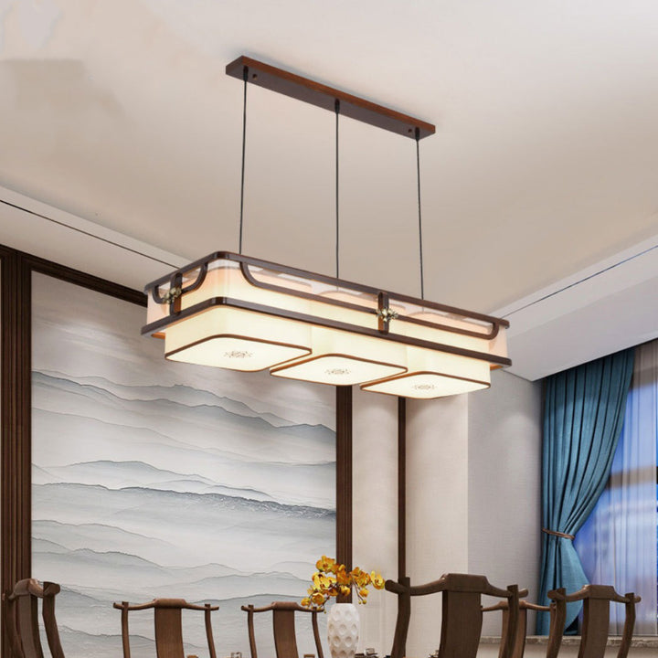 Traditionelle chinesische Begonienholz-Messing-Acryl-Quadrat-Rechteck-LED-Kronleuchter Insel Licht für Esszimmer 