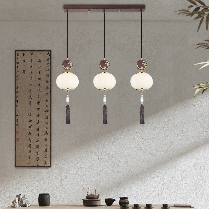 Traditionelle Chinesische Eichen-Zinklegierung Glaslaterne Runde LED Pendelleuchte für das Esszimmer 