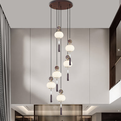 Traditionelle Chinesische Eichen-Zinklegierung Glaslaterne Runde LED Pendelleuchte für das Esszimmer 