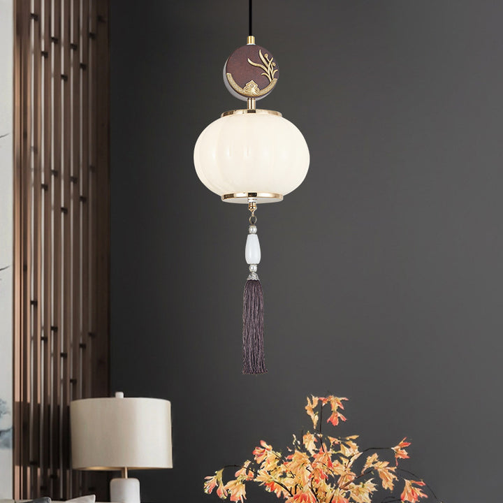 Traditionelle Chinesische Eichen-Zinklegierung Glaslaterne Runde LED Pendelleuchte für das Esszimmer 
