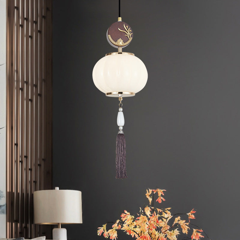 Traditionelle Chinesische Eichen-Zinklegierung Glaslaterne Runde LED Pendelleuchte für das Esszimmer 