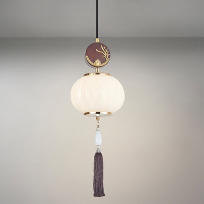 Traditionelle Chinesische Eichen-Zinklegierung Glaslaterne Runde LED Pendelleuchte für das Esszimmer 
