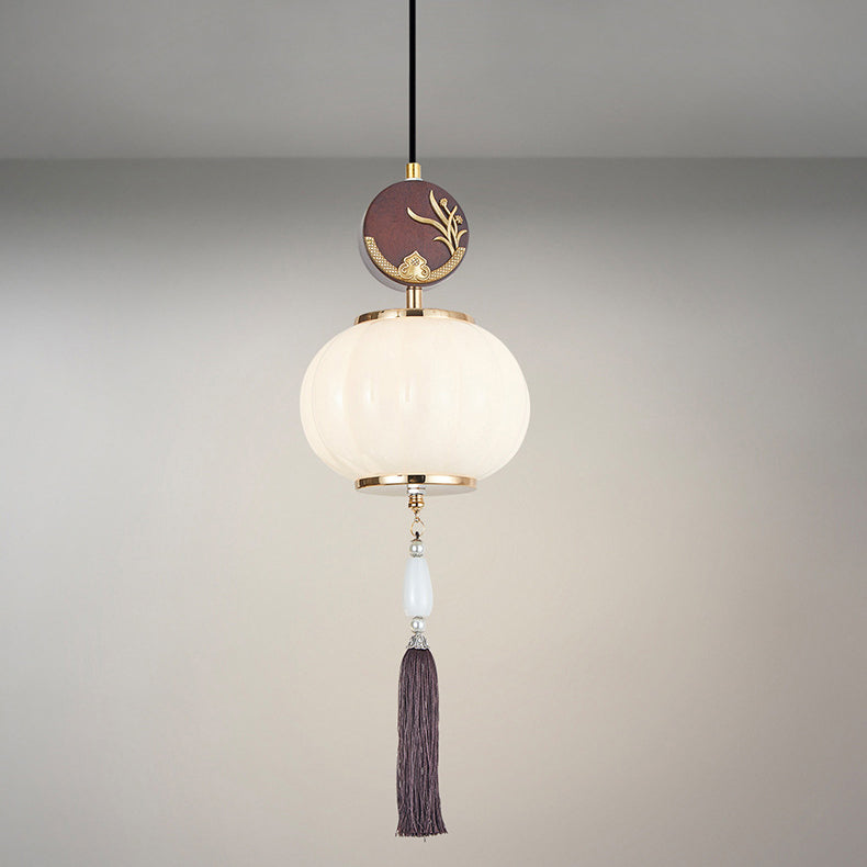 Traditionelle Chinesische Eichen-Zinklegierung Glaslaterne Runde LED Pendelleuchte für das Esszimmer 