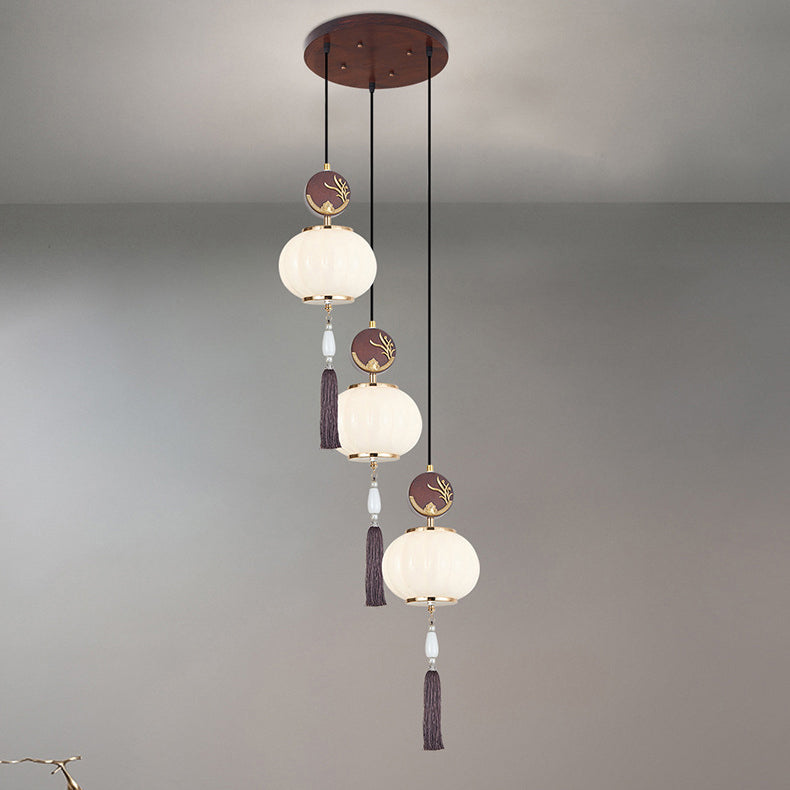 Traditionelle Chinesische Eichen-Zinklegierung Glaslaterne Runde LED Pendelleuchte für das Esszimmer 