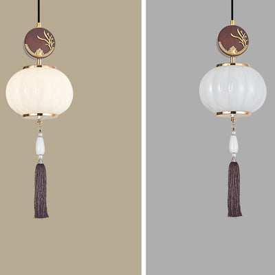 Traditionelle Chinesische Eichen-Zinklegierung Glaslaterne Runde LED Pendelleuchte für das Esszimmer 