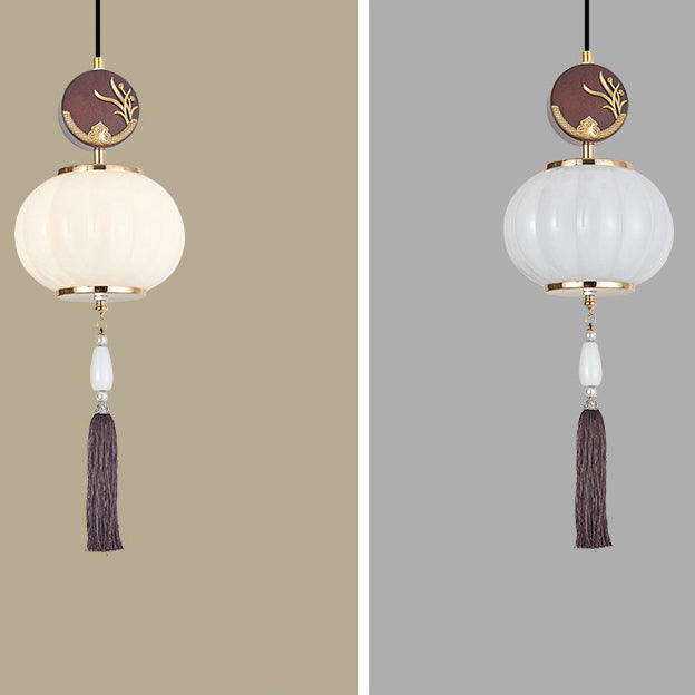 Traditionelle Chinesische Eichen-Zinklegierung Glaslaterne Runde LED Pendelleuchte für das Esszimmer 
