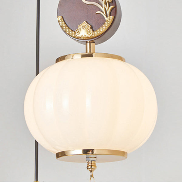 Traditionelle Chinesische Eichen-Zinklegierung Glaslaterne Runde LED Pendelleuchte für das Esszimmer 