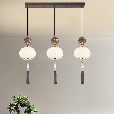 Traditionelle Chinesische Eichen-Zinklegierung Glaslaterne Runde LED Pendelleuchte für das Esszimmer 