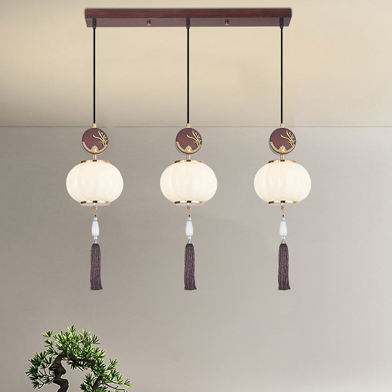 Traditionelle Chinesische Eichen-Zinklegierung Glaslaterne Runde LED Pendelleuchte für das Esszimmer 