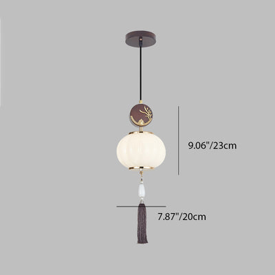 Traditionelle Chinesische Eichen-Zinklegierung Glaslaterne Runde LED Pendelleuchte für das Esszimmer 