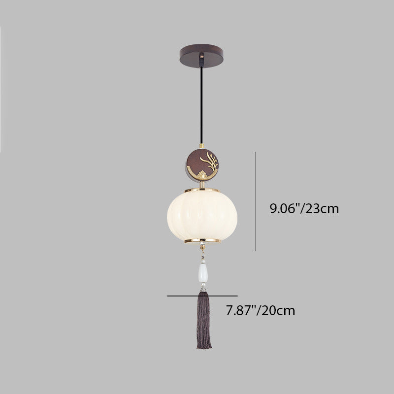 Traditionelle Chinesische Eichen-Zinklegierung Glaslaterne Runde LED Pendelleuchte für das Esszimmer 