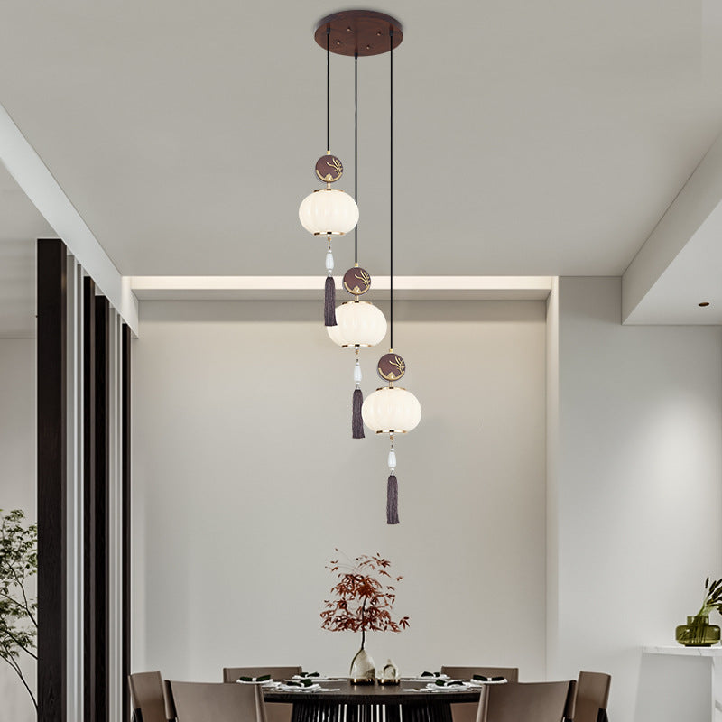 Traditionelle Chinesische Eichen-Zinklegierung Glaslaterne Runde LED Pendelleuchte für das Esszimmer 