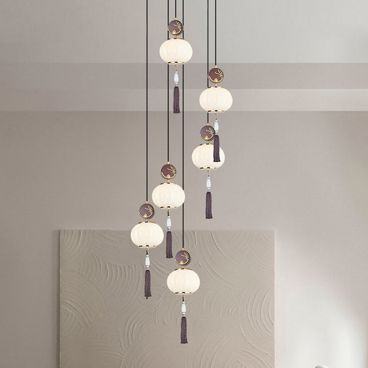 Traditionelle Chinesische Eichen-Zinklegierung Glaslaterne Runde LED Pendelleuchte für das Esszimmer 