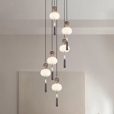 Traditionelle Chinesische Eichen-Zinklegierung Glaslaterne Runde LED Pendelleuchte für das Esszimmer 