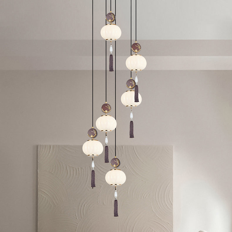 Traditionelle Chinesische Eichen-Zinklegierung Glaslaterne Runde LED Pendelleuchte für das Esszimmer 
