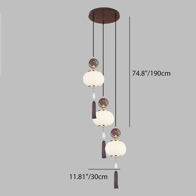 Traditionelle Chinesische Eichen-Zinklegierung Glaslaterne Runde LED Pendelleuchte für das Esszimmer 