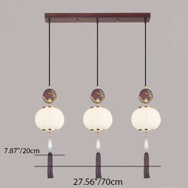 Traditionelle Chinesische Eichen-Zinklegierung Glaslaterne Runde LED Pendelleuchte für das Esszimmer 