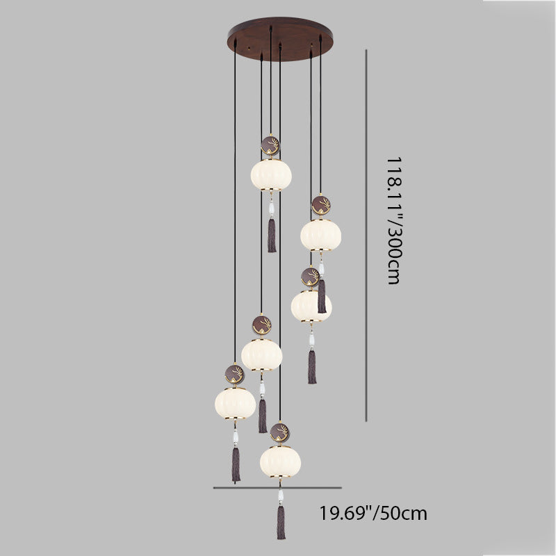 Traditionelle Chinesische Eichen-Zinklegierung Glaslaterne Runde LED Pendelleuchte für das Esszimmer 