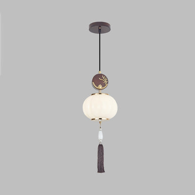 Traditionelle Chinesische Eichen-Zinklegierung Glaslaterne Runde LED Pendelleuchte für das Esszimmer 