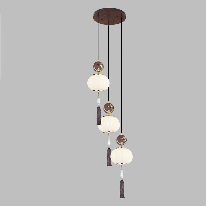 Traditionelle Chinesische Eichen-Zinklegierung Glaslaterne Runde LED Pendelleuchte für das Esszimmer 
