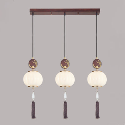 Traditionelle Chinesische Eichen-Zinklegierung Glaslaterne Runde LED Pendelleuchte für das Esszimmer 