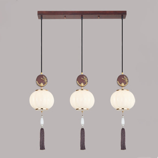 Traditionelle Chinesische Eichen-Zinklegierung Glaslaterne Runde LED Pendelleuchte für das Esszimmer 