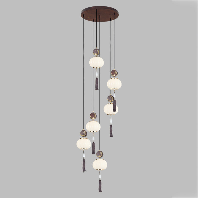 Traditionelle Chinesische Eichen-Zinklegierung Glaslaterne Runde LED Pendelleuchte für das Esszimmer 