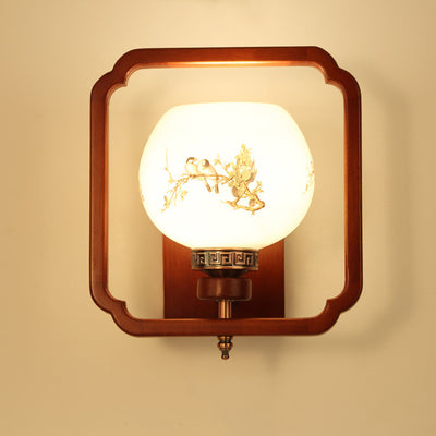 Traditionelle chinesische Gummibaum Glas Blume Quadrat Runde Vogel 1-Licht Wandleuchte für das Bett 