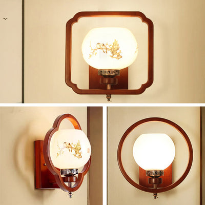 Traditionelle chinesische Gummibaum Glas Blume Quadrat Runde Vogel 1-Licht Wandleuchte für das Bett 