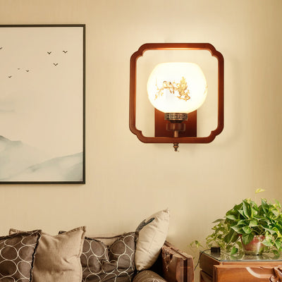 Traditionelle chinesische Gummibaum Glas Blume Quadrat Runde Vogel 1-Licht Wandleuchte für das Bett 
