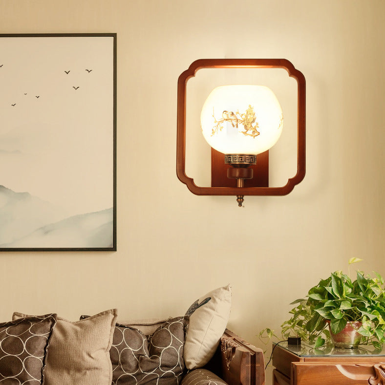 Traditionelle chinesische Gummibaum Glas Blume Quadrat Runde Vogel 1-Licht Wandleuchte für das Bett 