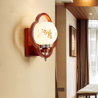 Traditionelle chinesische Gummibaum Glas Blume Quadrat Runde Vogel 1-Licht Wandleuchte für das Bett 