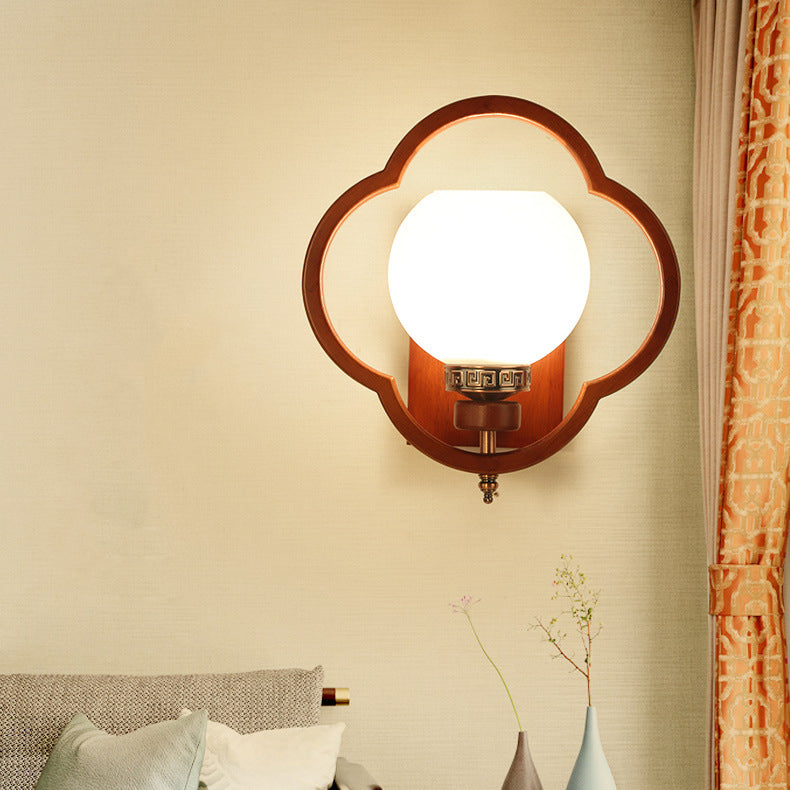 Traditionelle chinesische Gummibaum Glas Blume Quadrat Runde Vogel 1-Licht Wandleuchte für das Bett 
