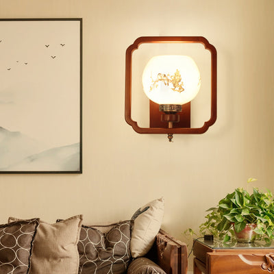 Traditionelle chinesische Gummibaum Glas Blume Quadrat Runde Vogel 1-Licht Wandleuchte für das Bett 