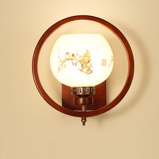 Traditionelle chinesische Gummibaum Glas Blume Quadrat Runde Vogel 1-Licht Wandleuchte für das Bett 