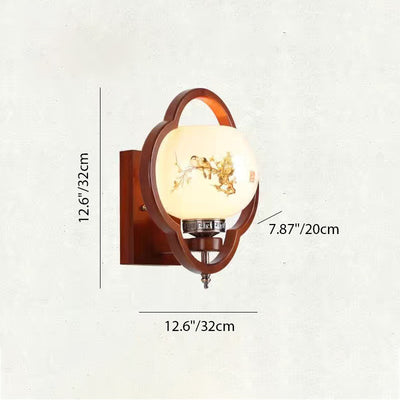 Traditionelle chinesische Gummibaum Glas Blume Quadrat Runde Vogel 1-Licht Wandleuchte für das Bett 