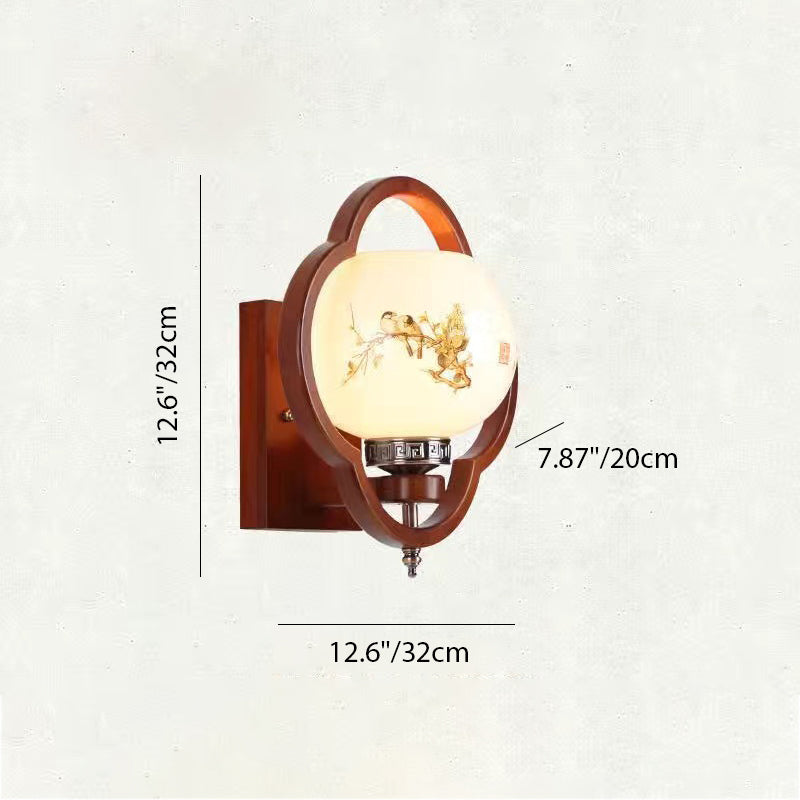 Traditionelle chinesische Gummibaum Glas Blume Quadrat Runde Vogel 1-Licht Wandleuchte für das Bett 