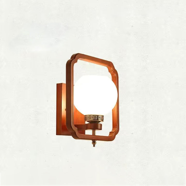 Traditional Chinese Rubber Wood Glass Flower Square Round Bird 1-Light Wall Sconce Lamp For Bedside