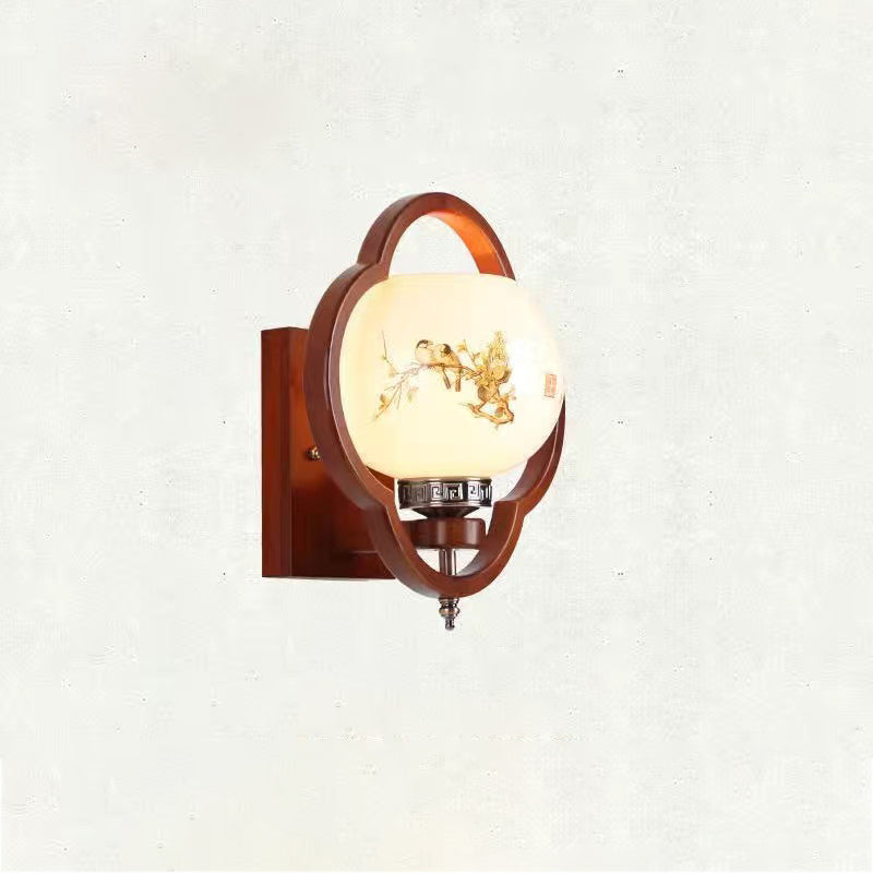 Traditionelle chinesische Gummibaum Glas Blume Quadrat Runde Vogel 1-Licht Wandleuchte für das Bett 