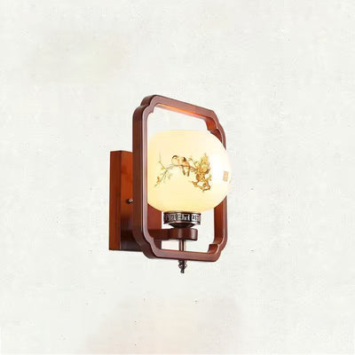 Traditionelle chinesische Gummibaum Glas Blume Quadrat Runde Vogel 1-Licht Wandleuchte für das Bett 