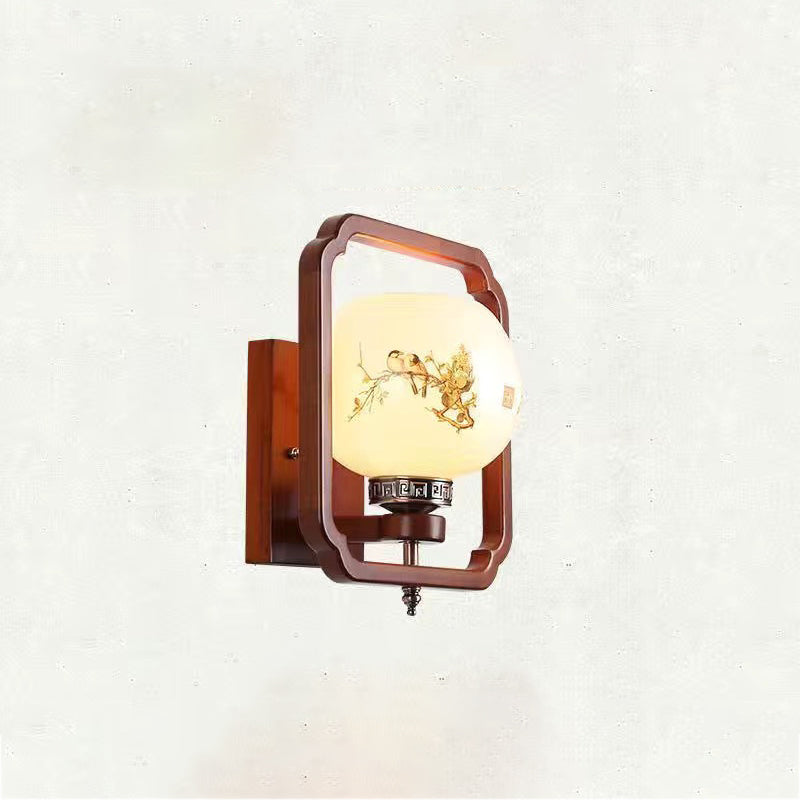 Traditionelle chinesische Gummibaum Glas Blume Quadrat Runde Vogel 1-Licht Wandleuchte für das Bett 