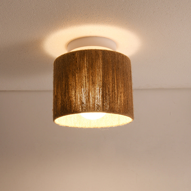 Traditional Japanese Iron Hemp Rope Weaving Cylinder 1-Light Semi-Flush Mount Ceiling Light For Hallway
